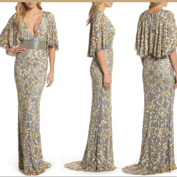 Nwt Mac Duggal Silver Beaded Cape Gown 
